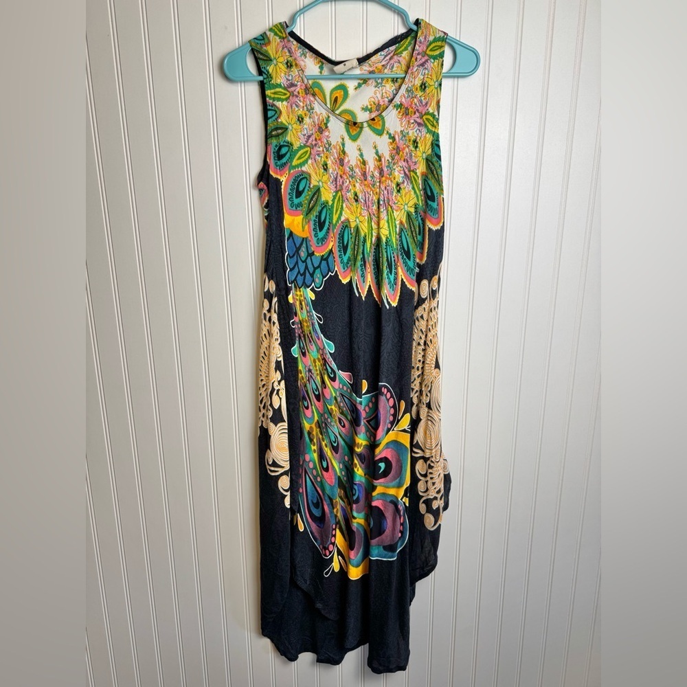 Seven Islands Peacock Print Sleeveless Loose Midi Dress O7